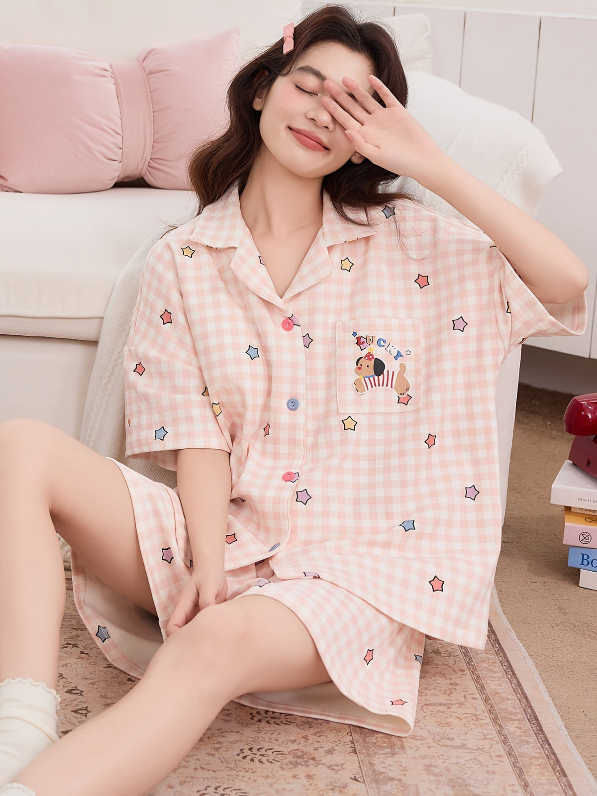 Pink Gingham Star Print Pajama Set