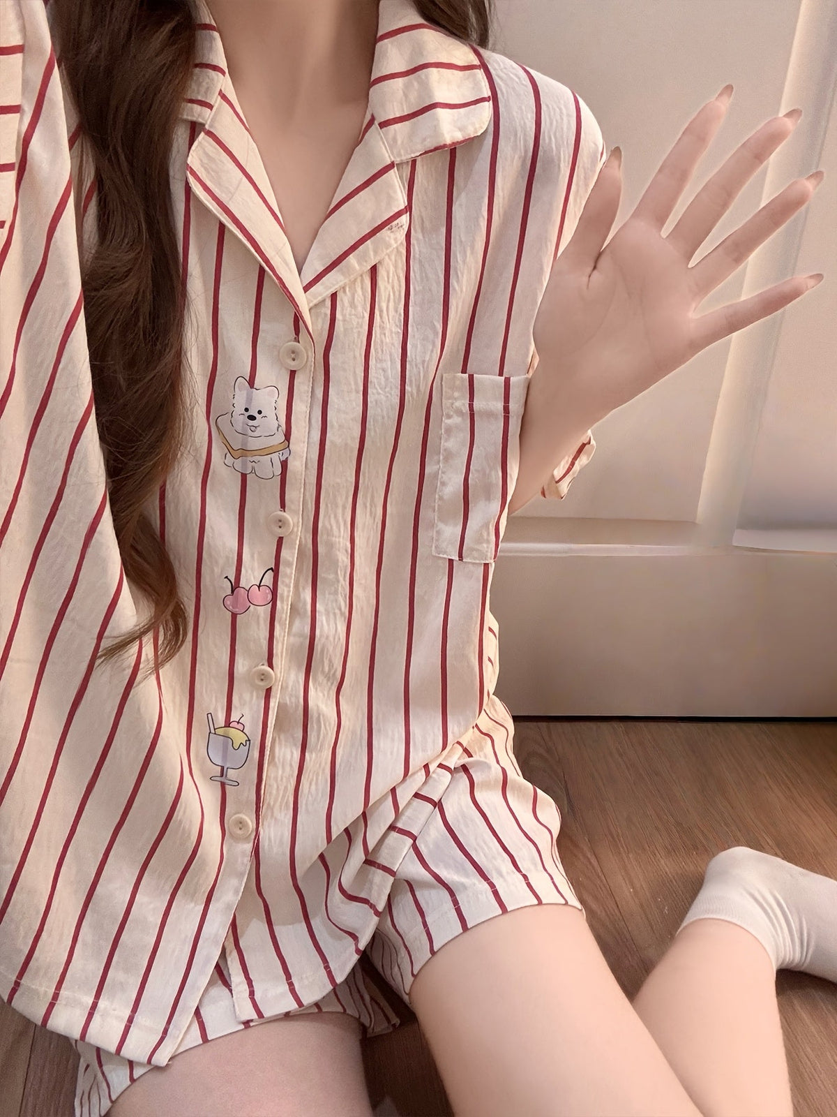 Ivory Red Stripe Cat Pajama Set