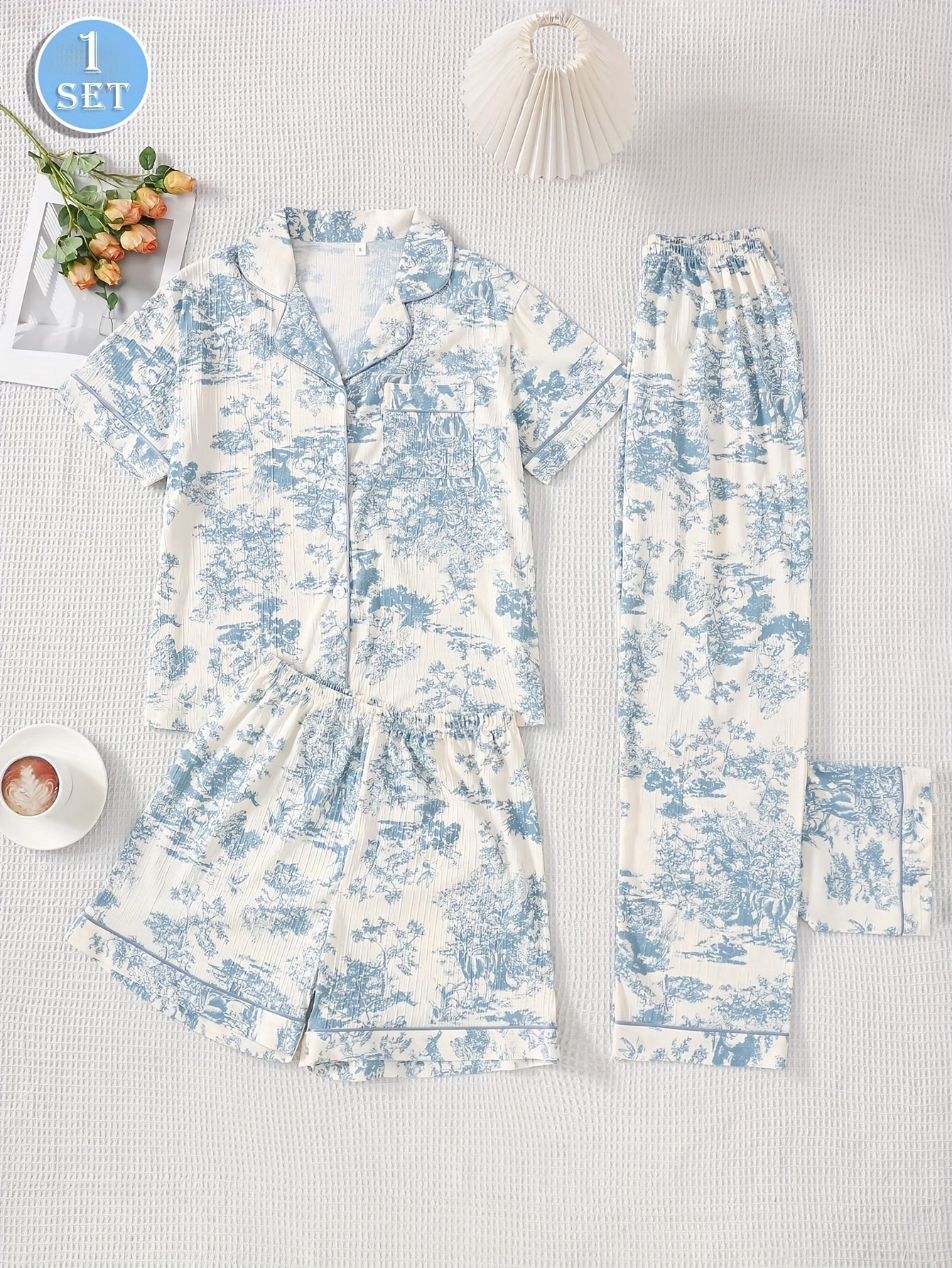 Women’s 3-Piece Printed Pajama Set (Shirt + Pajama + Shorts)