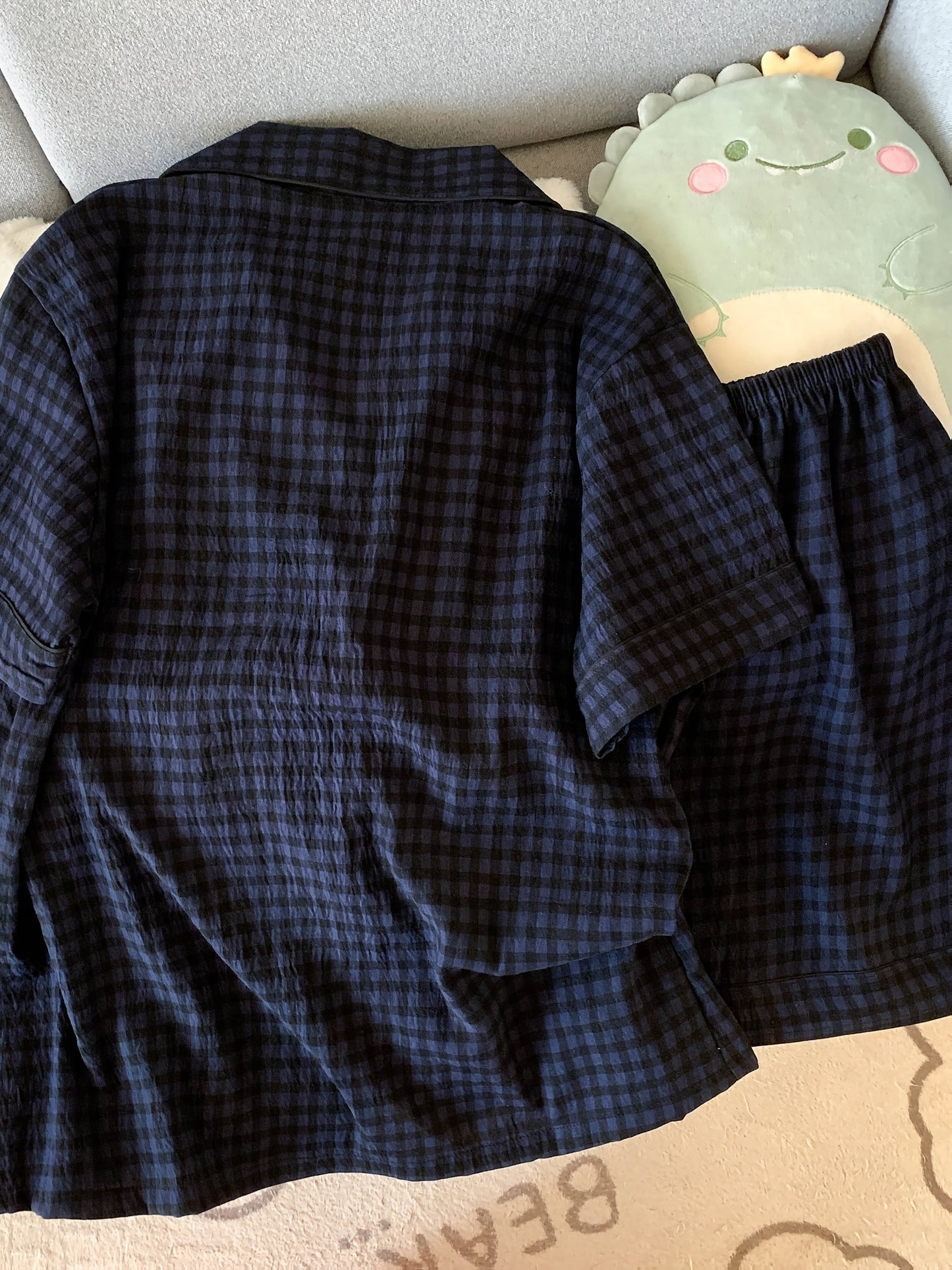 Navy Check Pajama Set with Hello Kitty Pocket – Shirt & Shorts