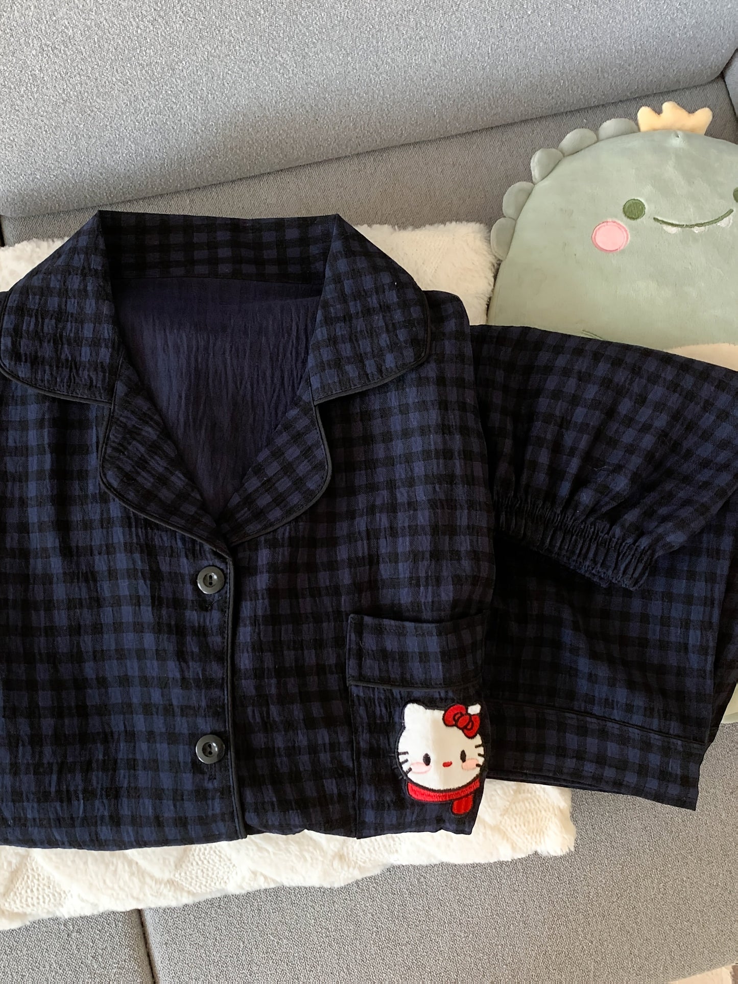 Navy Check Pajama Set with Hello Kitty Pocket – Shirt & Shorts
