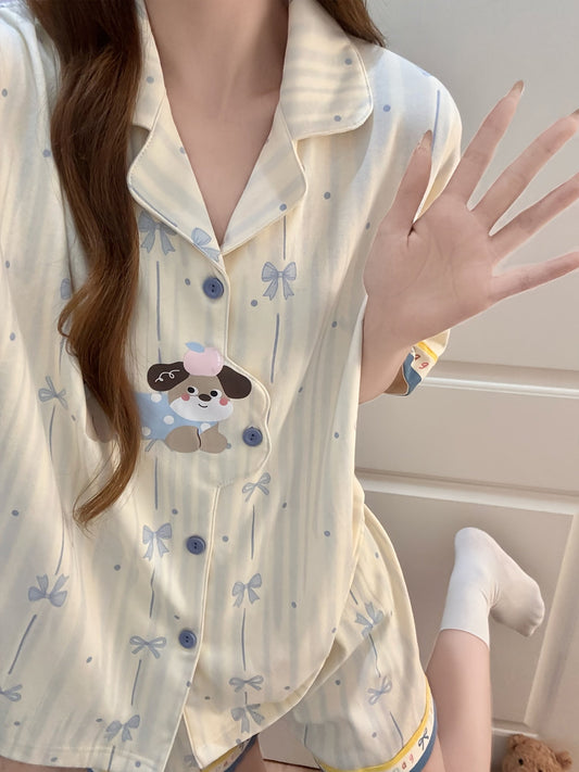 Blue Bow & Puppy Print Pajama Set