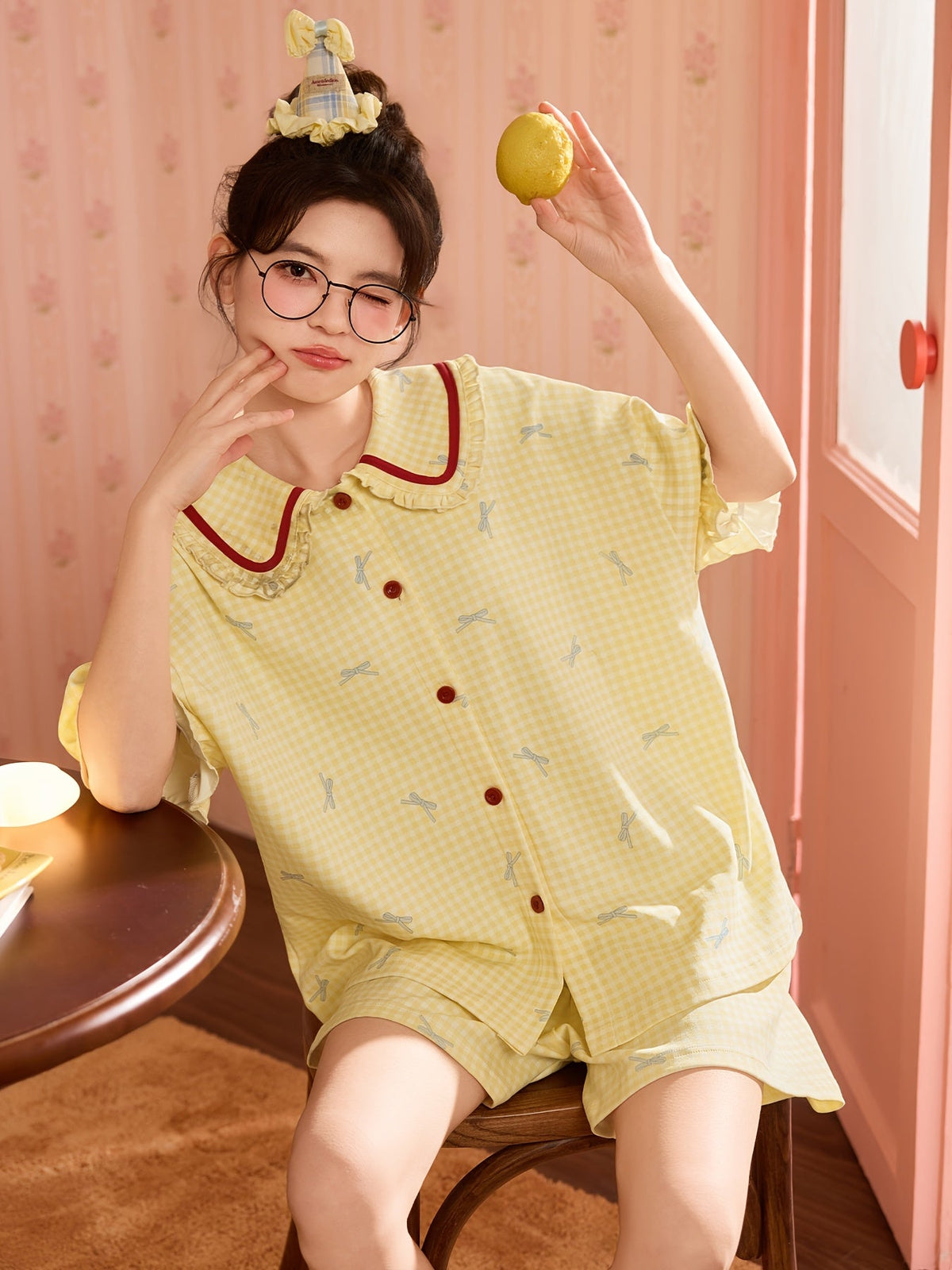 Yellow Bow Print Pajama Set