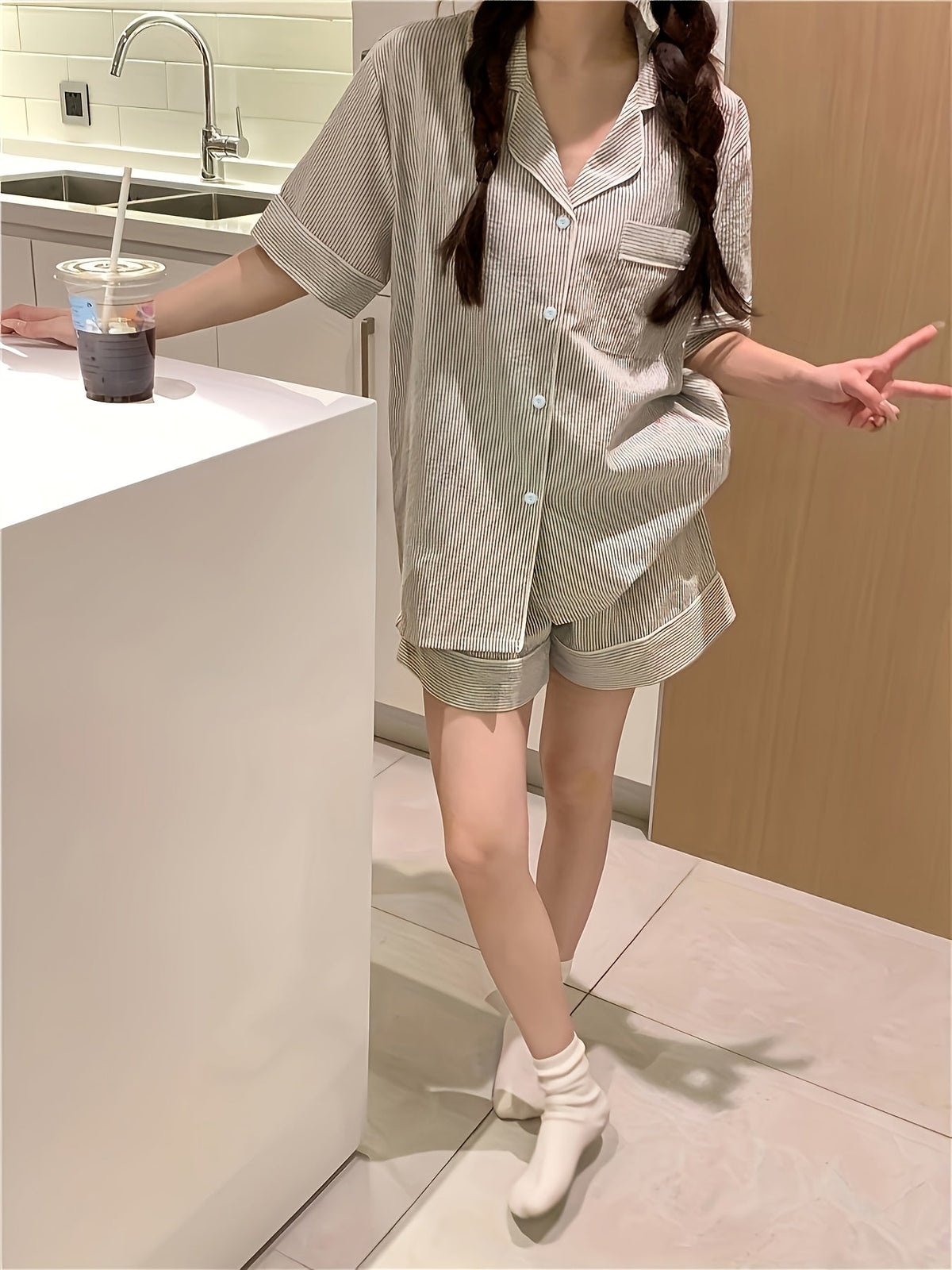 Classic Beige Striped Women’s Pajama Set