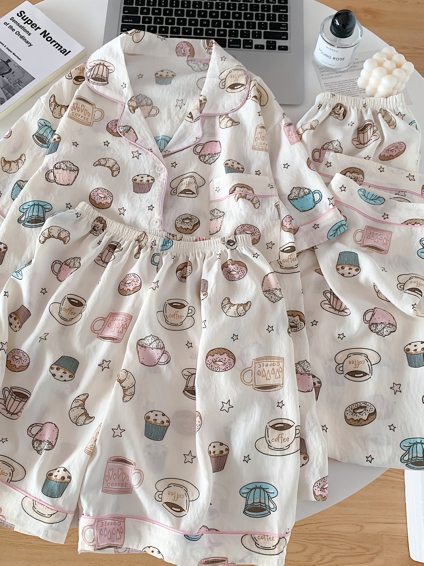 Coffee & Donuts Print Pajama Set – Shirt, Shorts & Pants