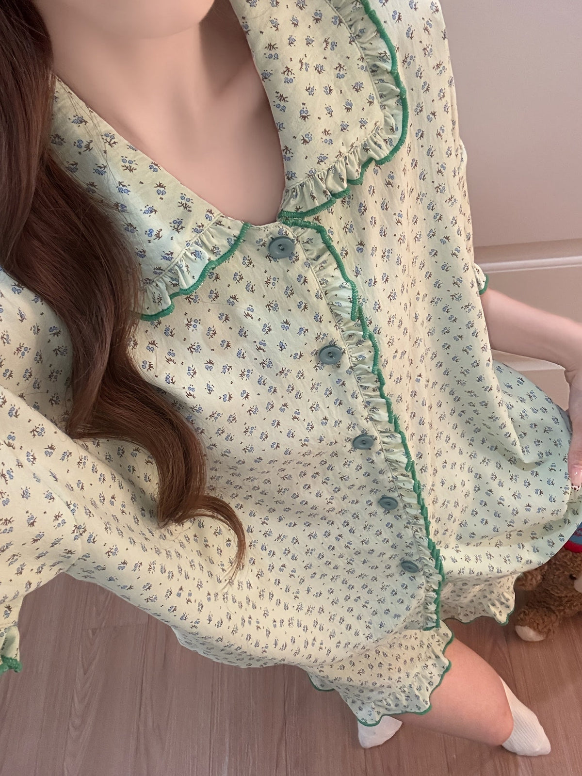 Mint Green Floral Ruffle Pajama Set