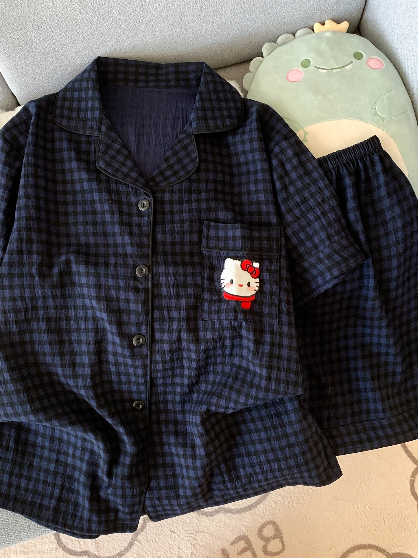 Navy Check Pajama Set with Hello Kitty Pocket – Shirt & Shorts