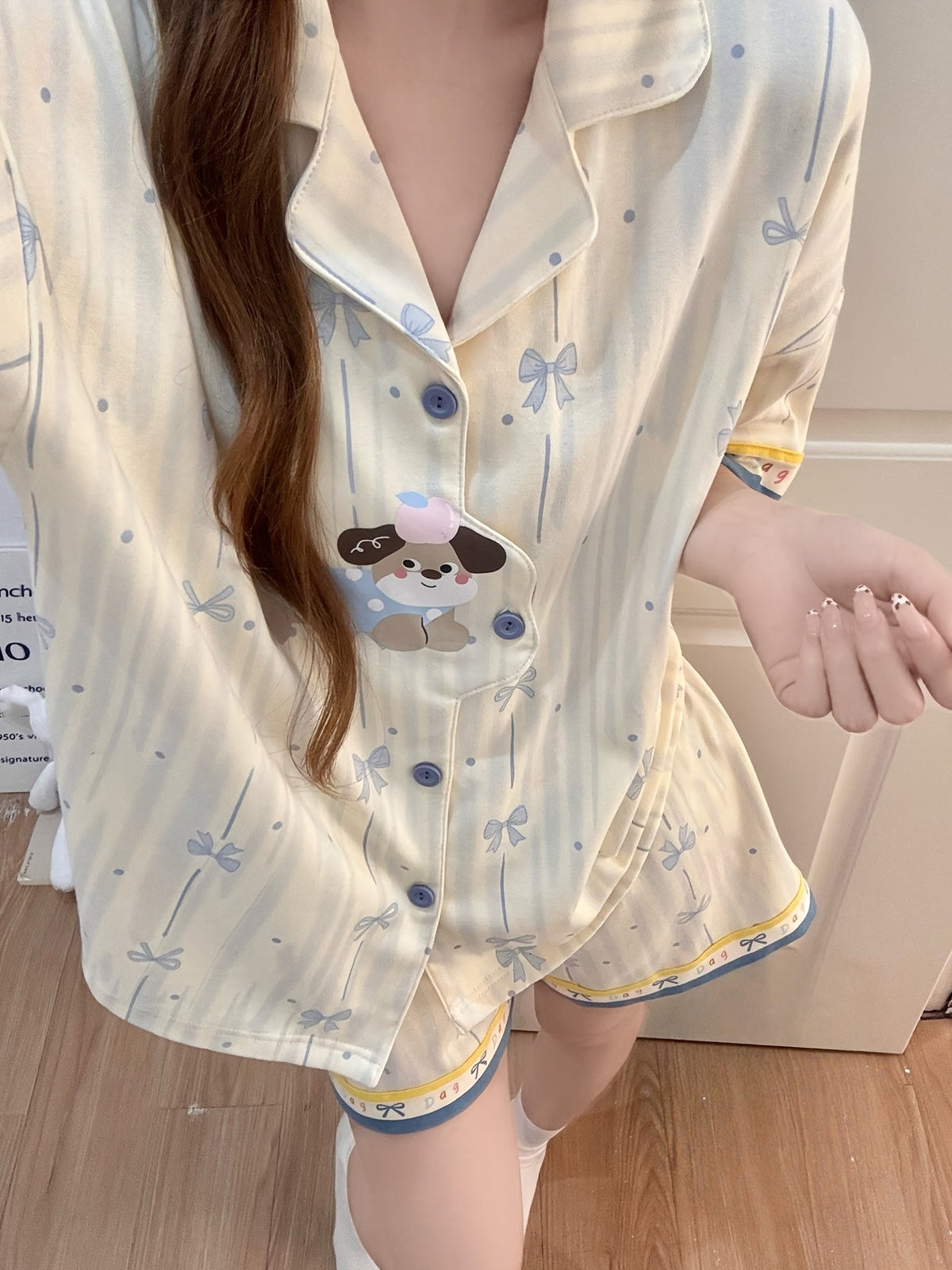Blue Bow & Puppy Print Pajama Set