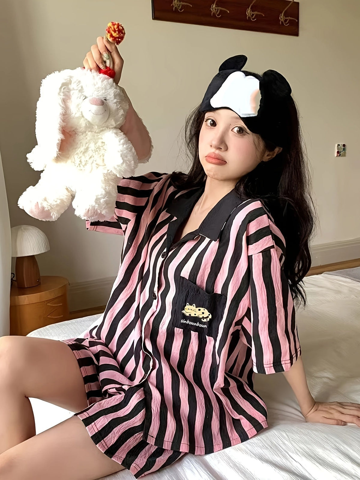Pink & Black Striped Cute Cartoon Pajama Set