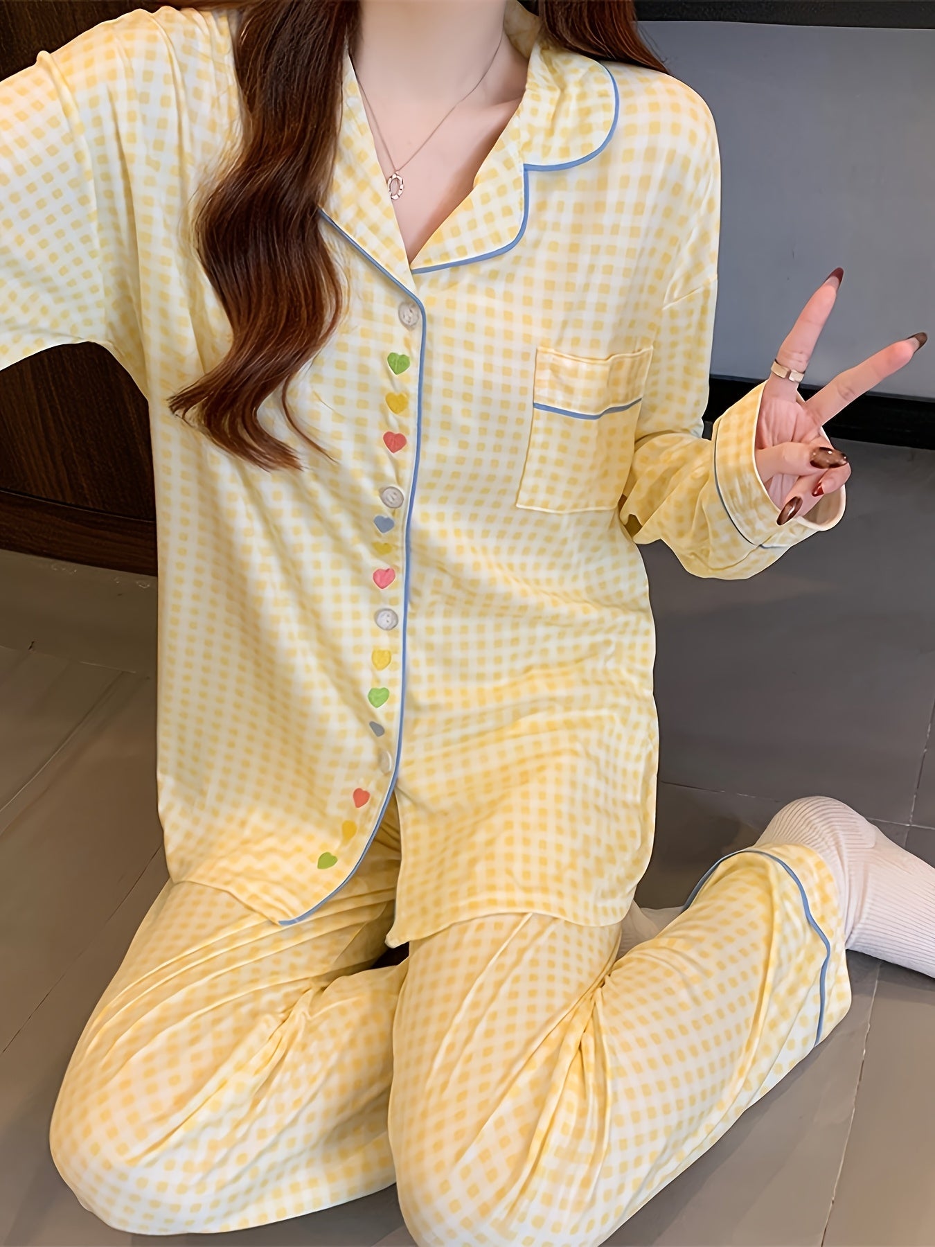 Yellow Gingham Pajama Set with Heart Buttons – Shirt & Pants