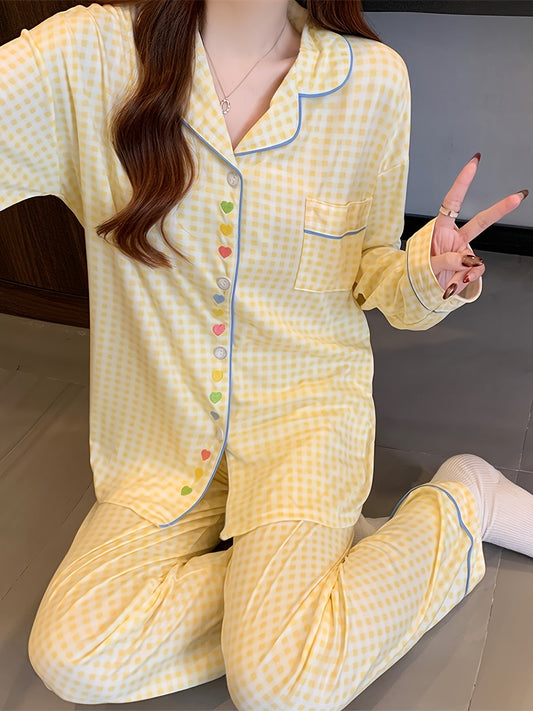 Yellow Gingham Pajama Set with Heart Buttons – Shirt & Pants