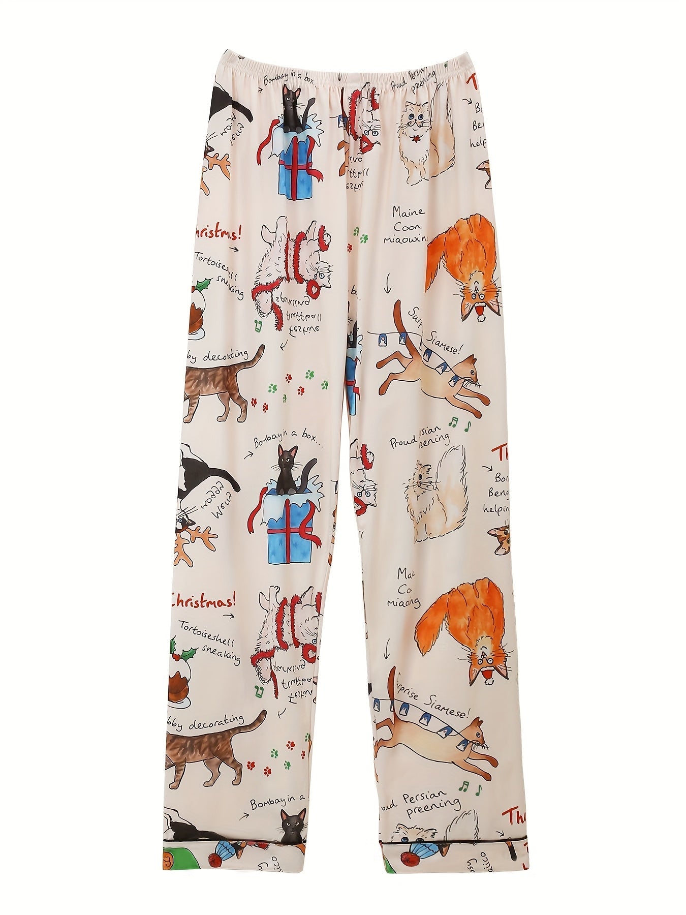 Festive Cat Doodle Satin Nightwear Set (3-Piece Combo)