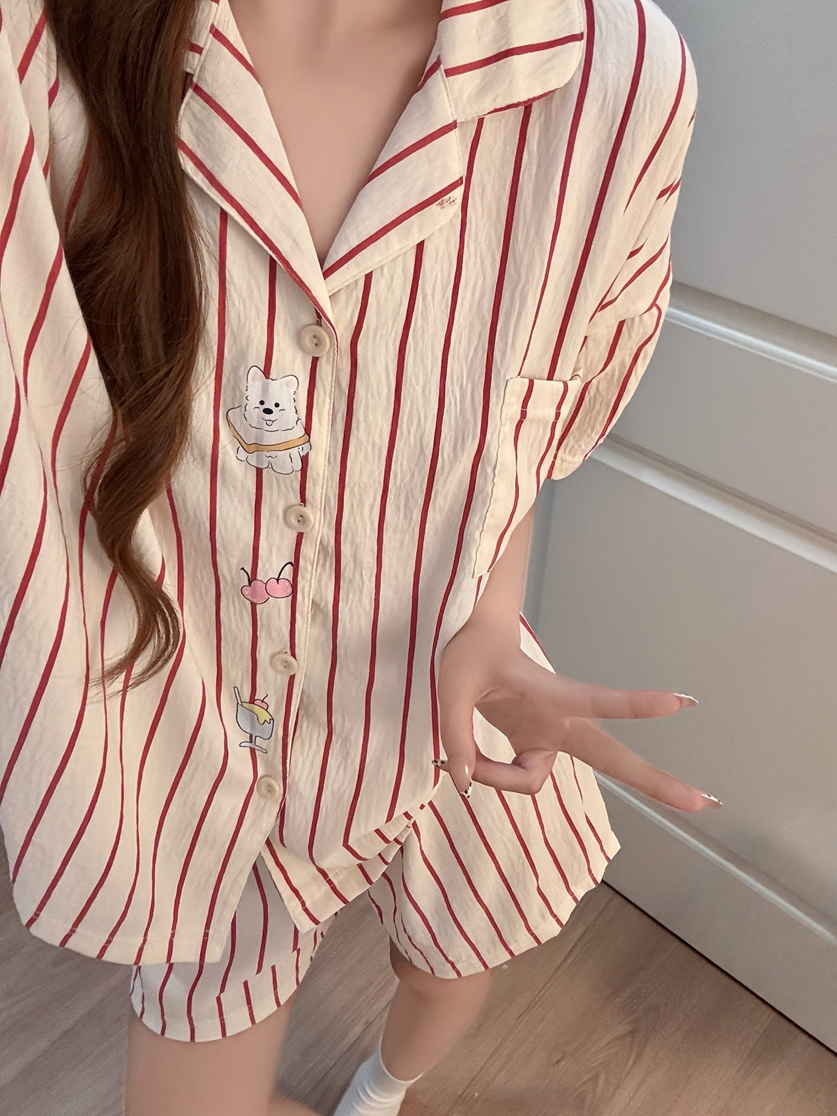 Ivory Red Stripe Cat Pajama Set