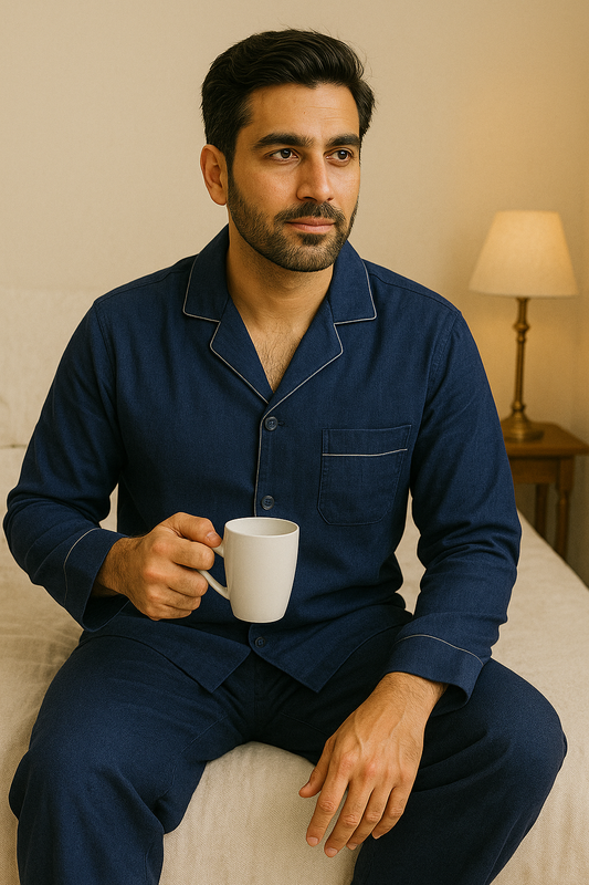 Midnight Blue Premium Linen Men's Loungewear Set
