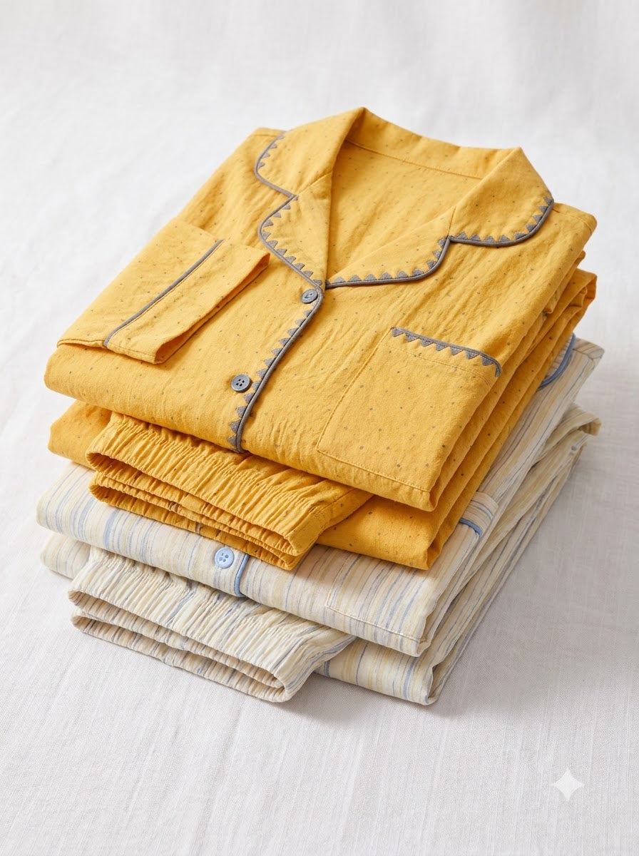 Mustard Yellow & Ivory Blue-Trim Pajama Duo – Pack of 2