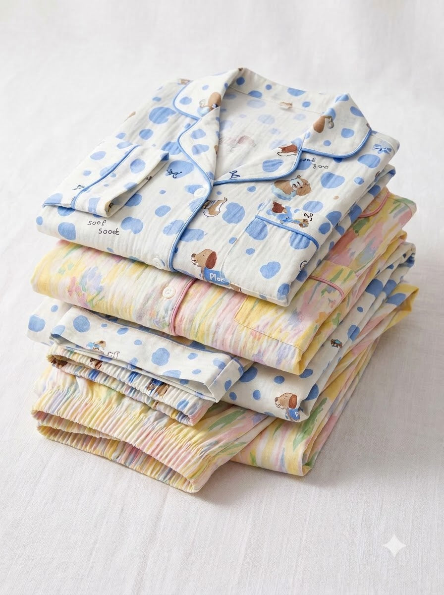 Blue Teddy & Pastel Floral Pajama Duo – Pack of 2