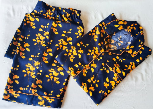 Navy Blue & Gold Floral Linen Pajama Set