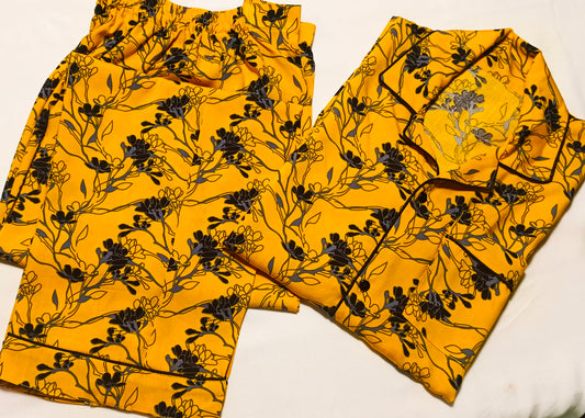 Yellow & Black Floral Linen Pajama Set