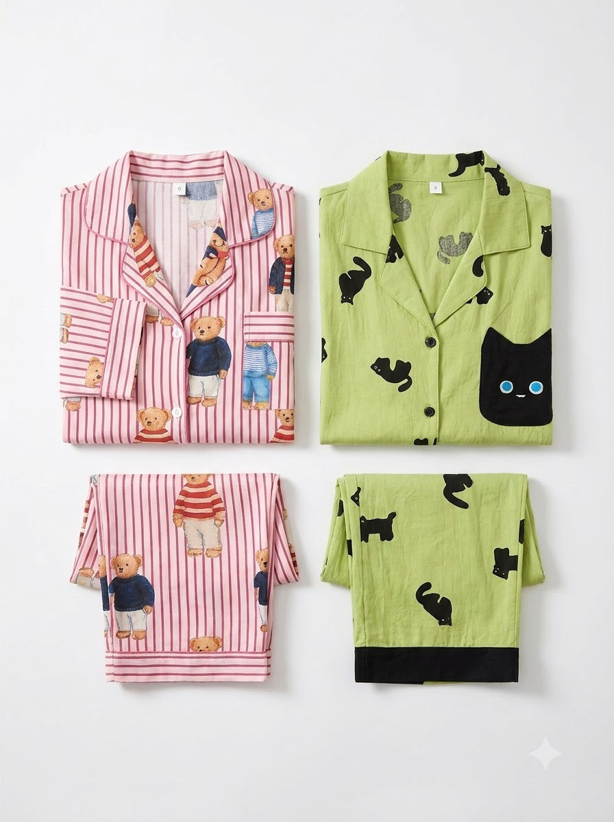 Teddy & Cat Print Pajama Duo – Pack of 2