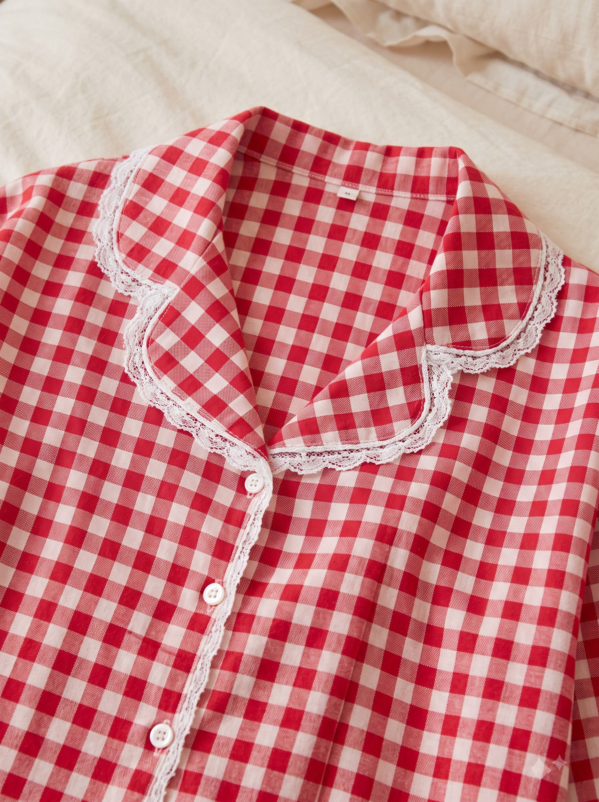 Cherry Checkered Lace 3-Piece Pajama Set
