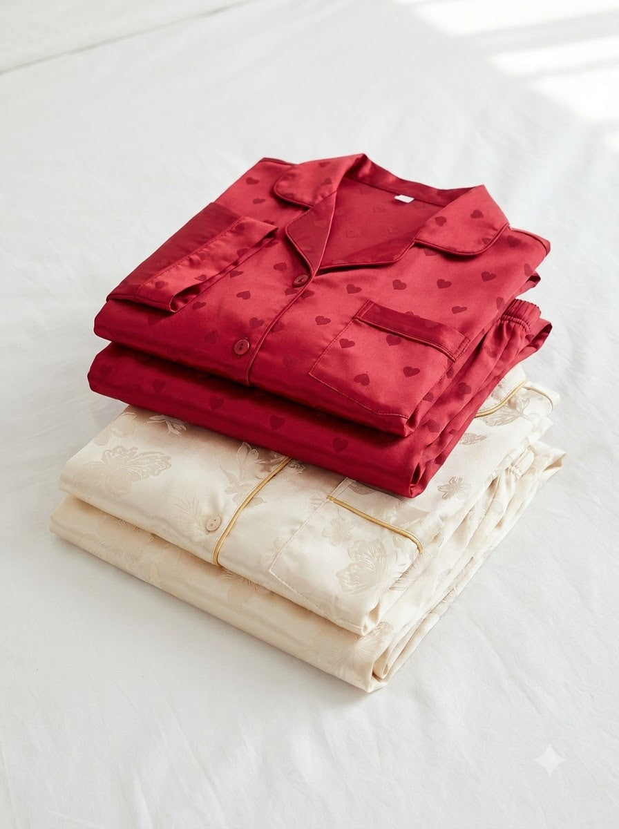 Ivory & Wine Red Satin Heart Pajama Duo – Pack of 2