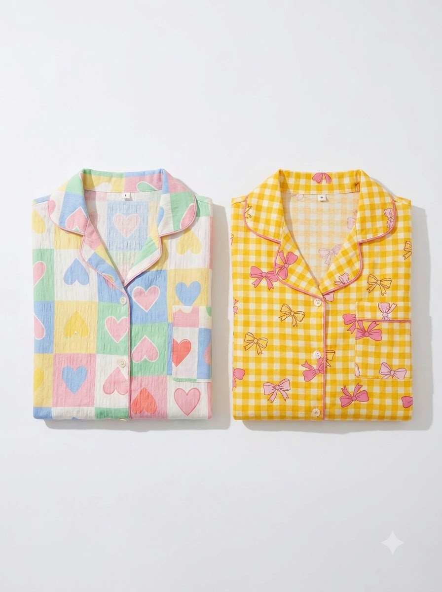 Pastel Hearts & Bow Checks Pajama Duo – Pack of 2