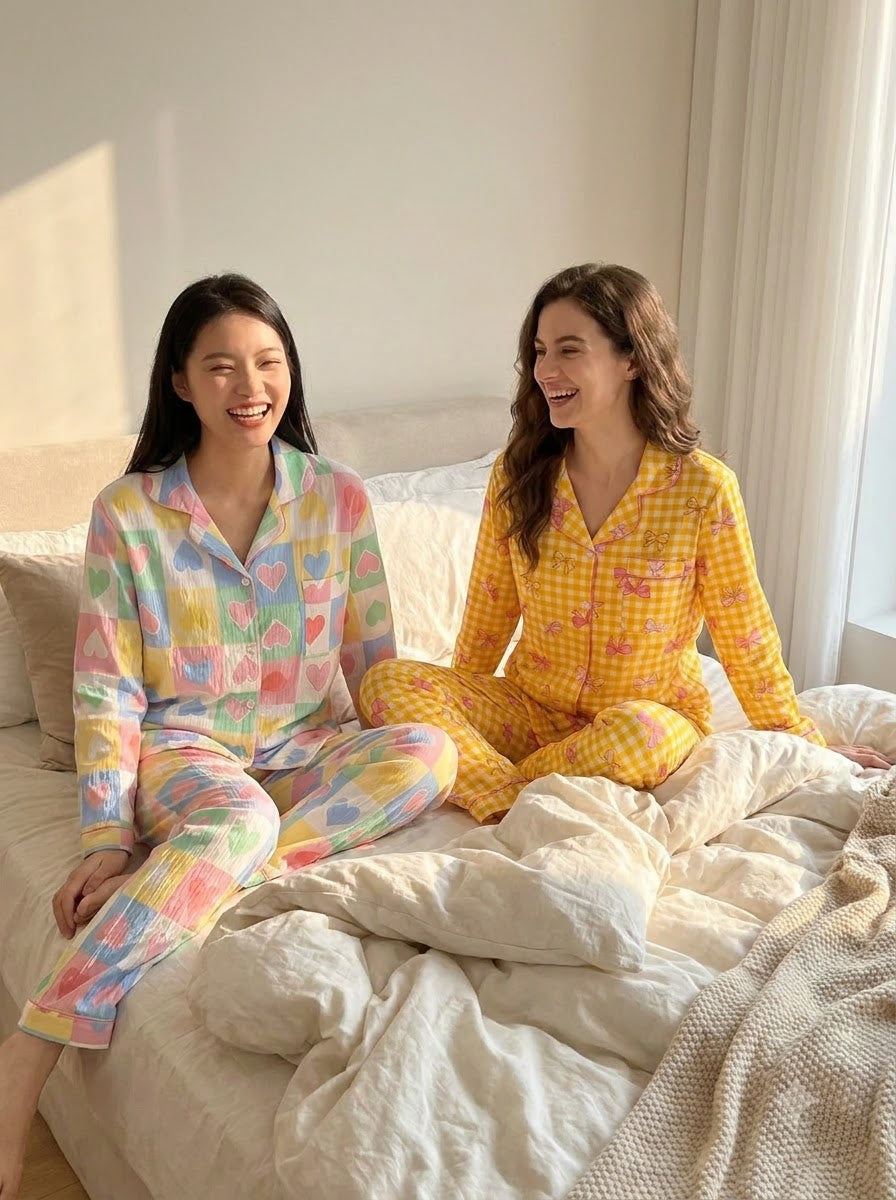 Pastel Hearts & Bow Checks Pajama Duo – Pack of 2