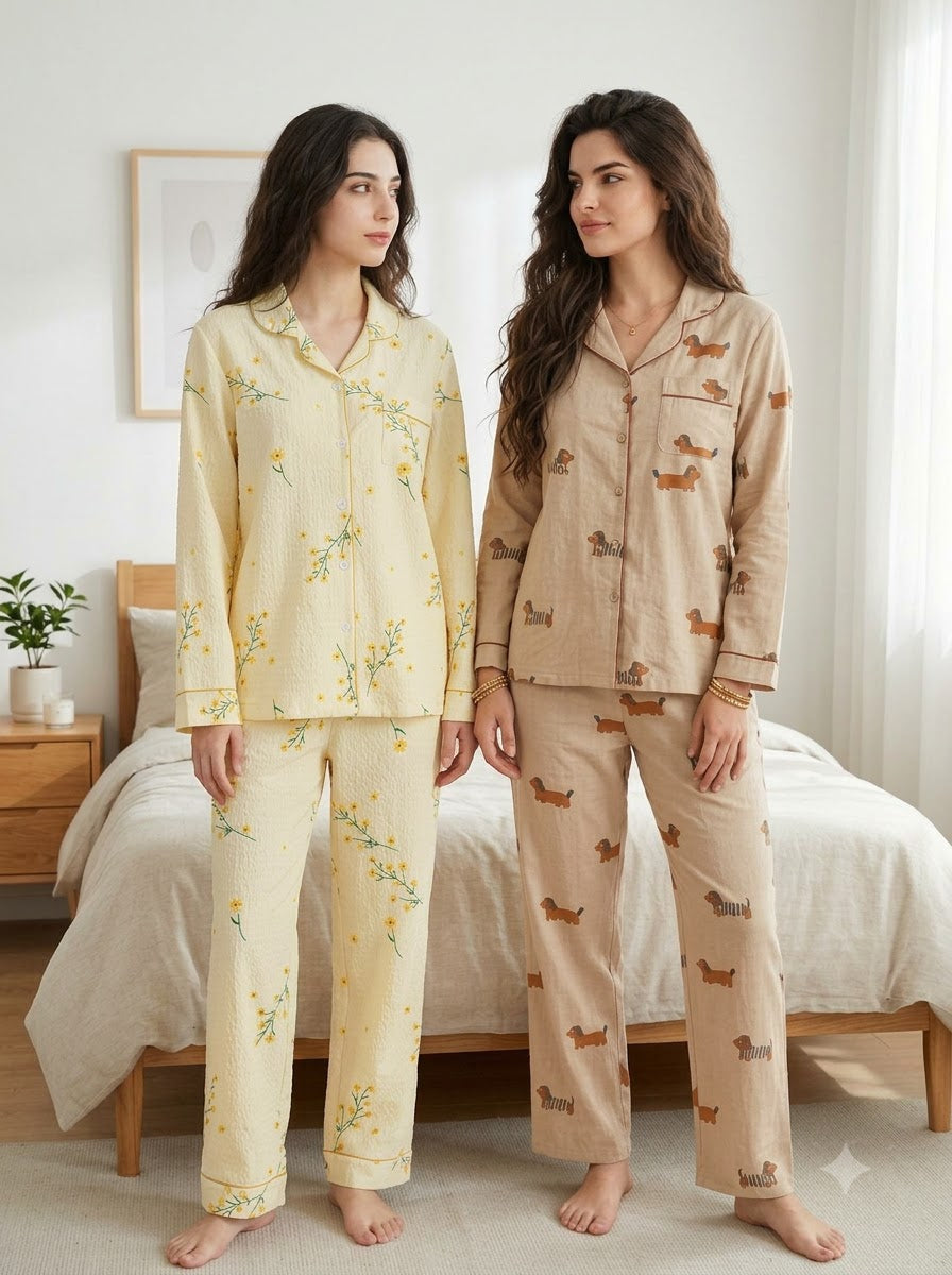 Floral & Puppy Print Pajama Duo – Pack of 2