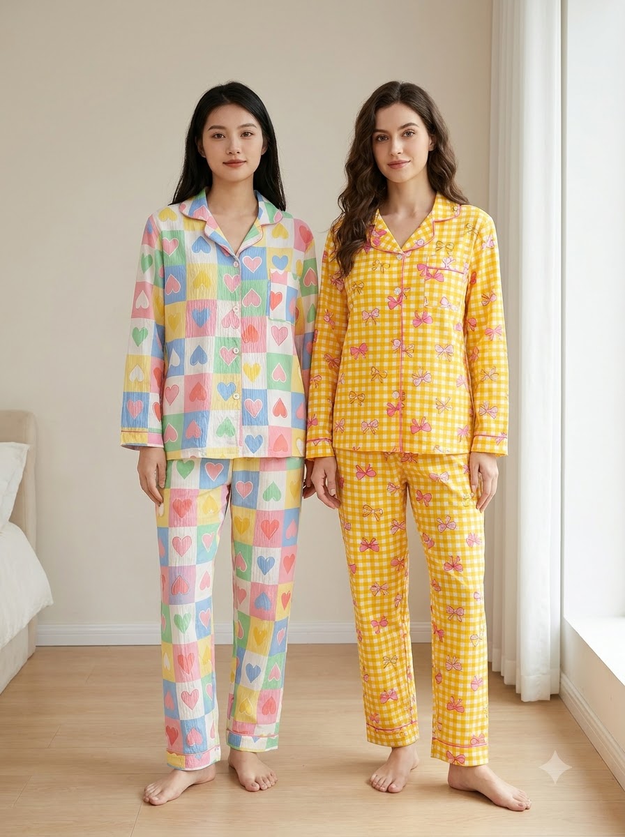 Pastel Hearts & Bow Checks Pajama Duo – Pack of 2