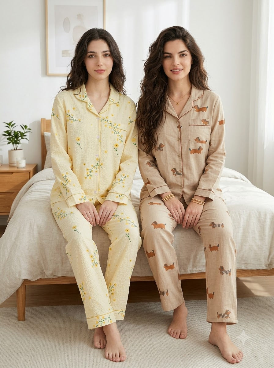 Floral & Puppy Print Pajama Duo – Pack of 2