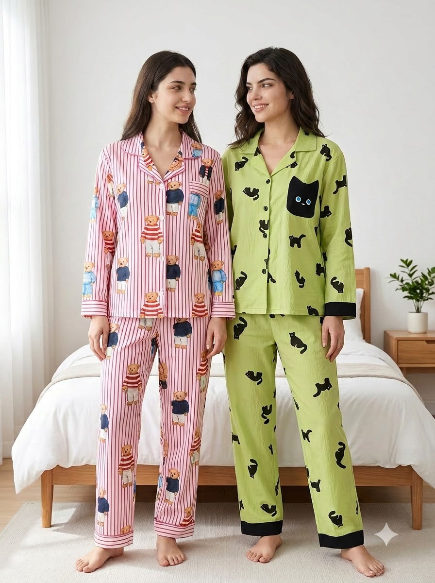 Teddy & Cat Print Pajama Duo – Pack of 2
