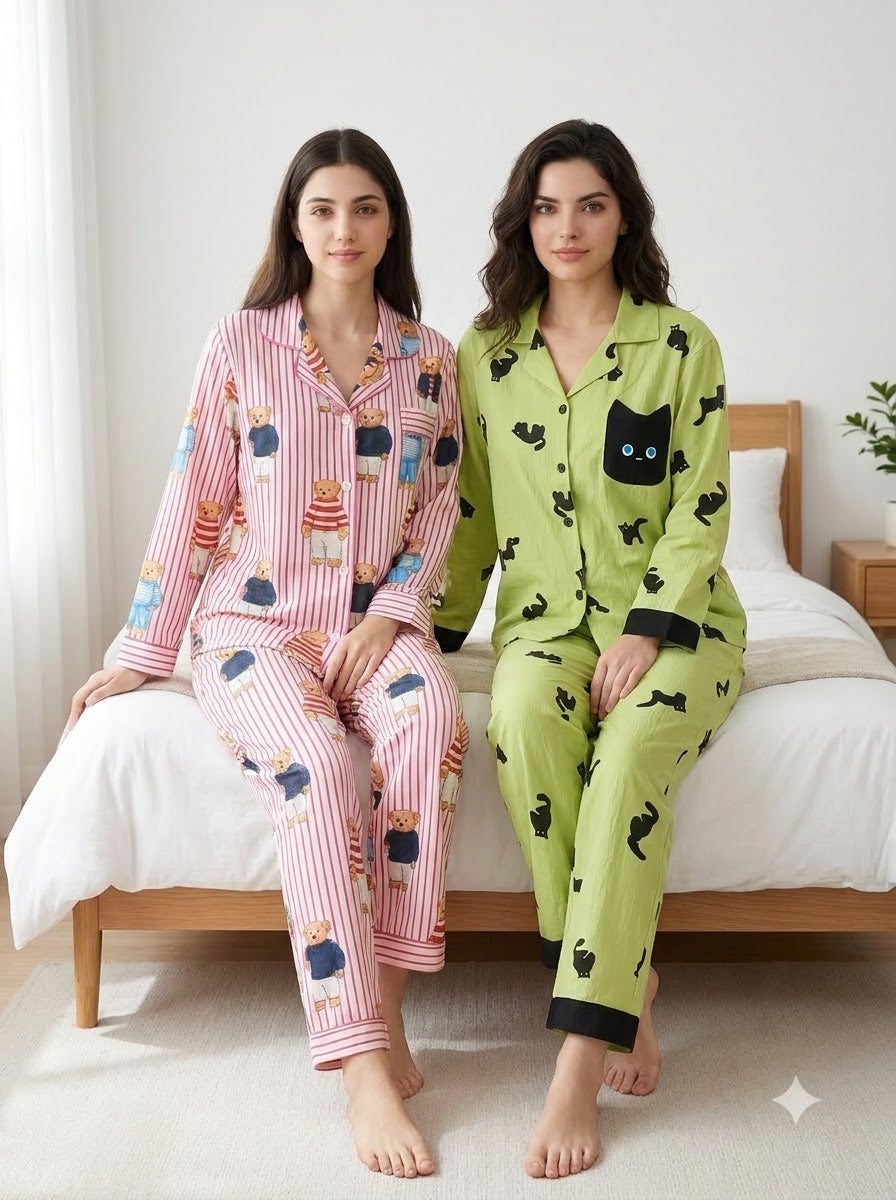 Teddy & Cat Print Pajama Duo – Pack of 2