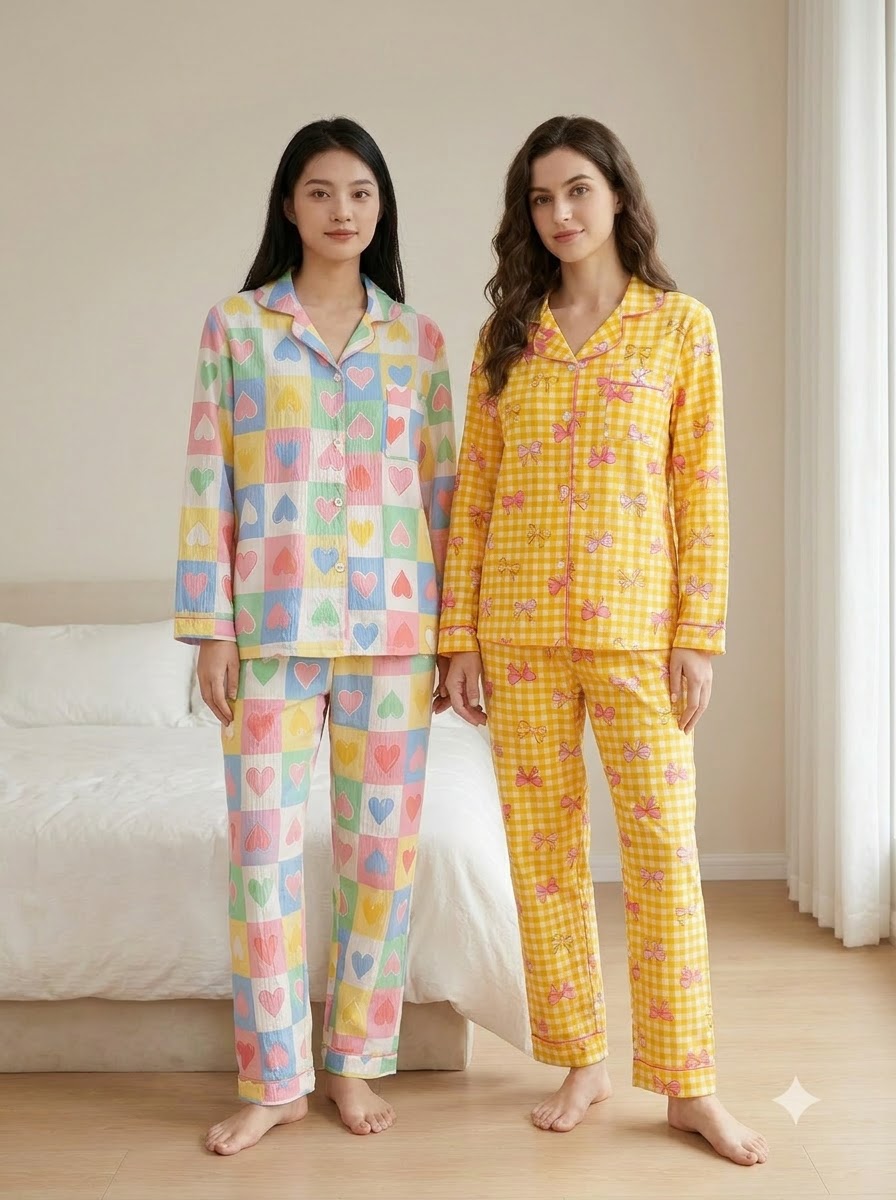 Pastel Hearts & Bow Checks Pajama Duo – Pack of 2