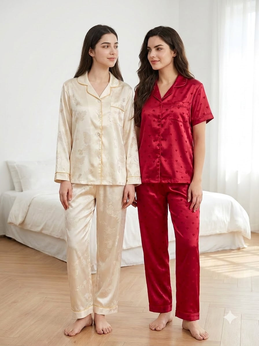 Ivory & Wine Red Satin Heart Pajama Duo – Pack of 2