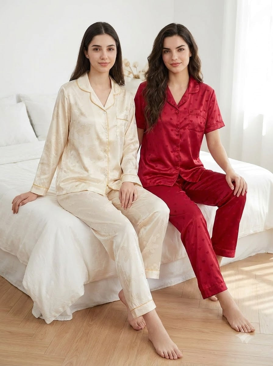 Ivory & Wine Red Satin Heart Pajama Duo – Pack of 2