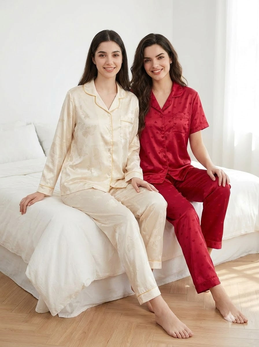 Ivory & Wine Red Satin Heart Pajama Duo – Pack of 2