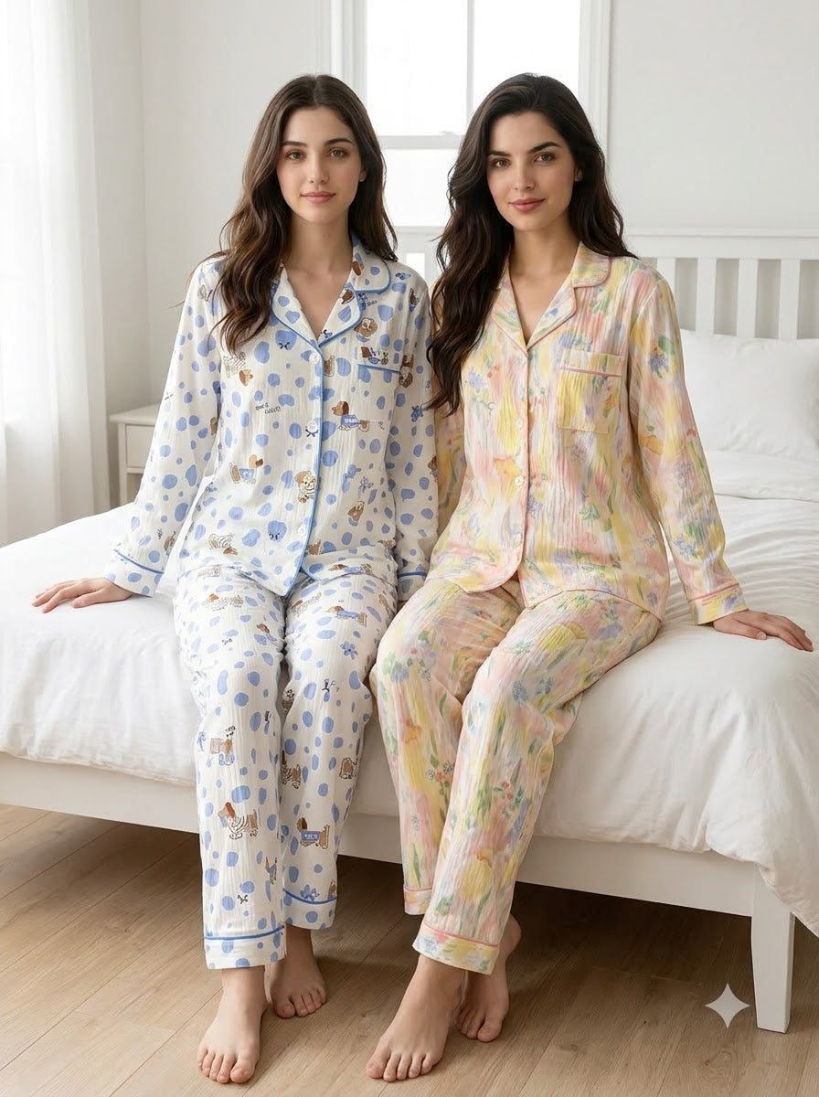 Blue Teddy & Pastel Floral Pajama Duo – Pack of 2