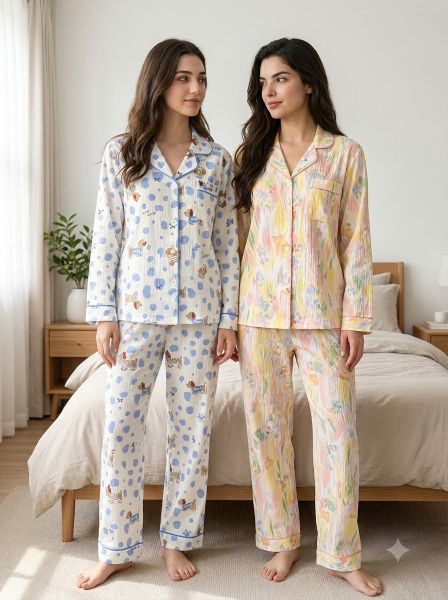 Blue Teddy & Pastel Floral Pajama Duo – Pack of 2