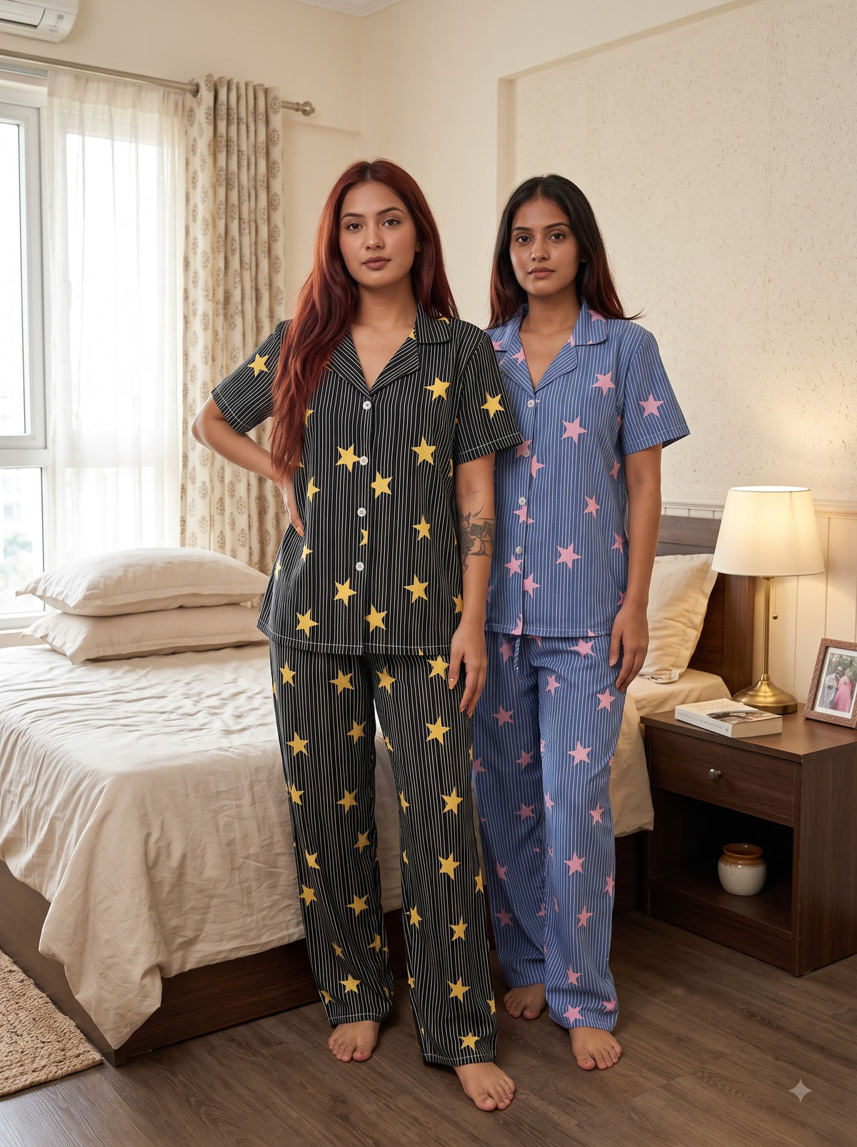 Starlit Dreams Duo – Star Print Pajama Set Combo | Pack of 2