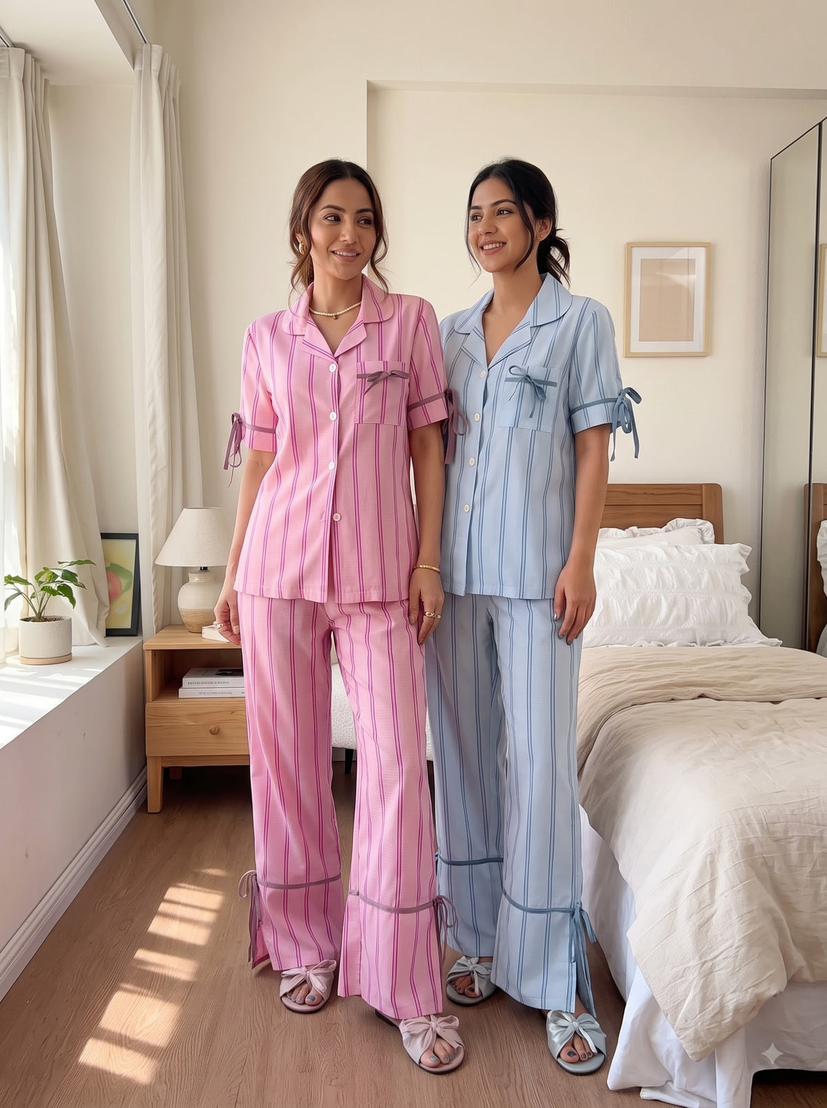 Ribbon Tie Duo – Pastel Stripe Pajama Set Combo | Pack of 2