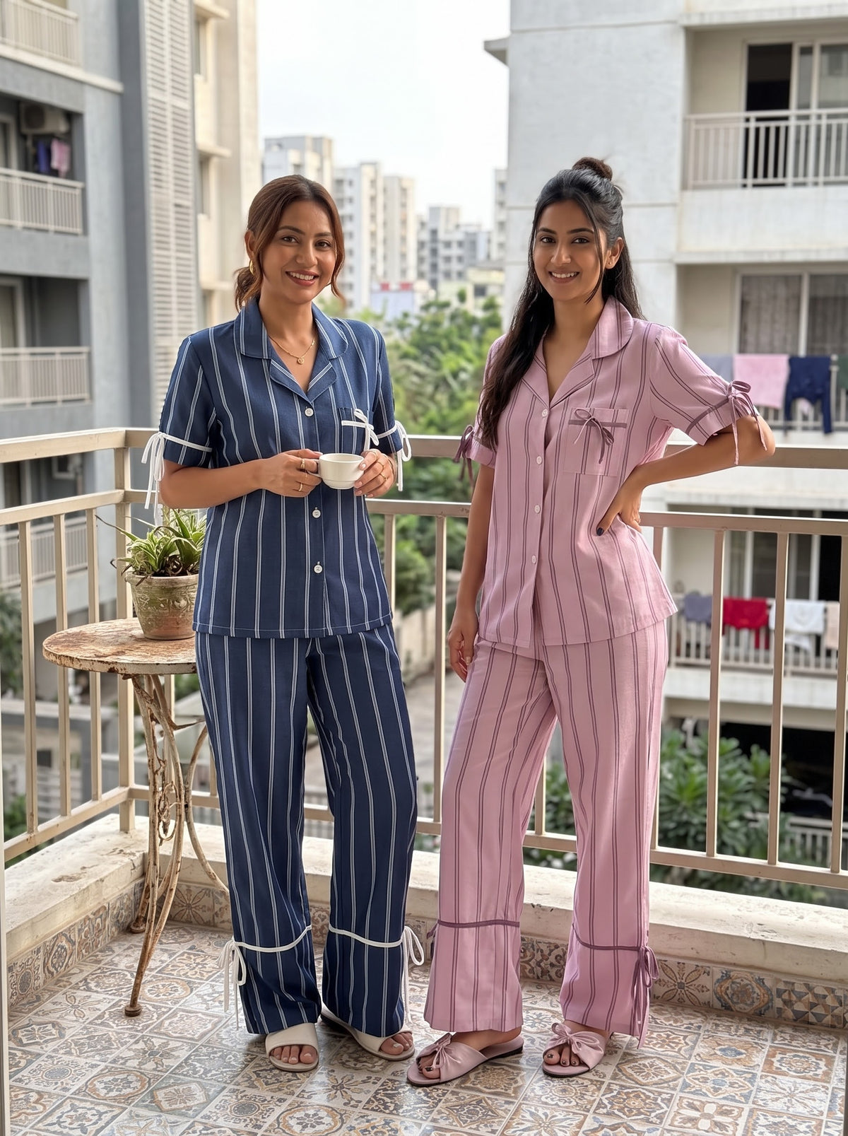 Ribbon Luxe Duo – Navy & Pink Stripe Pajama Set Combo | Pack of 2