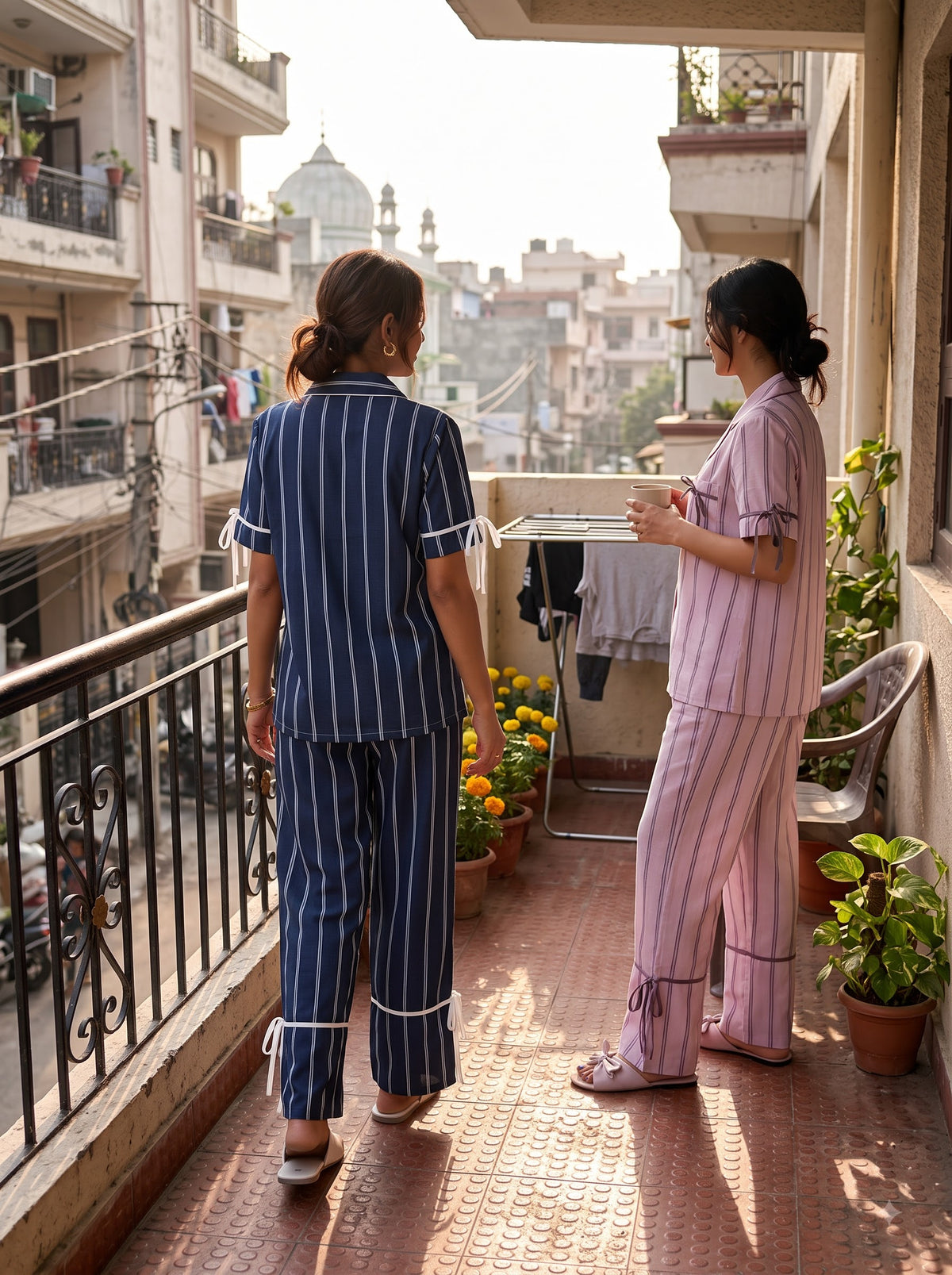 Ribbon Luxe Duo – Navy & Pink Stripe Pajama Set Combo | Pack of 2