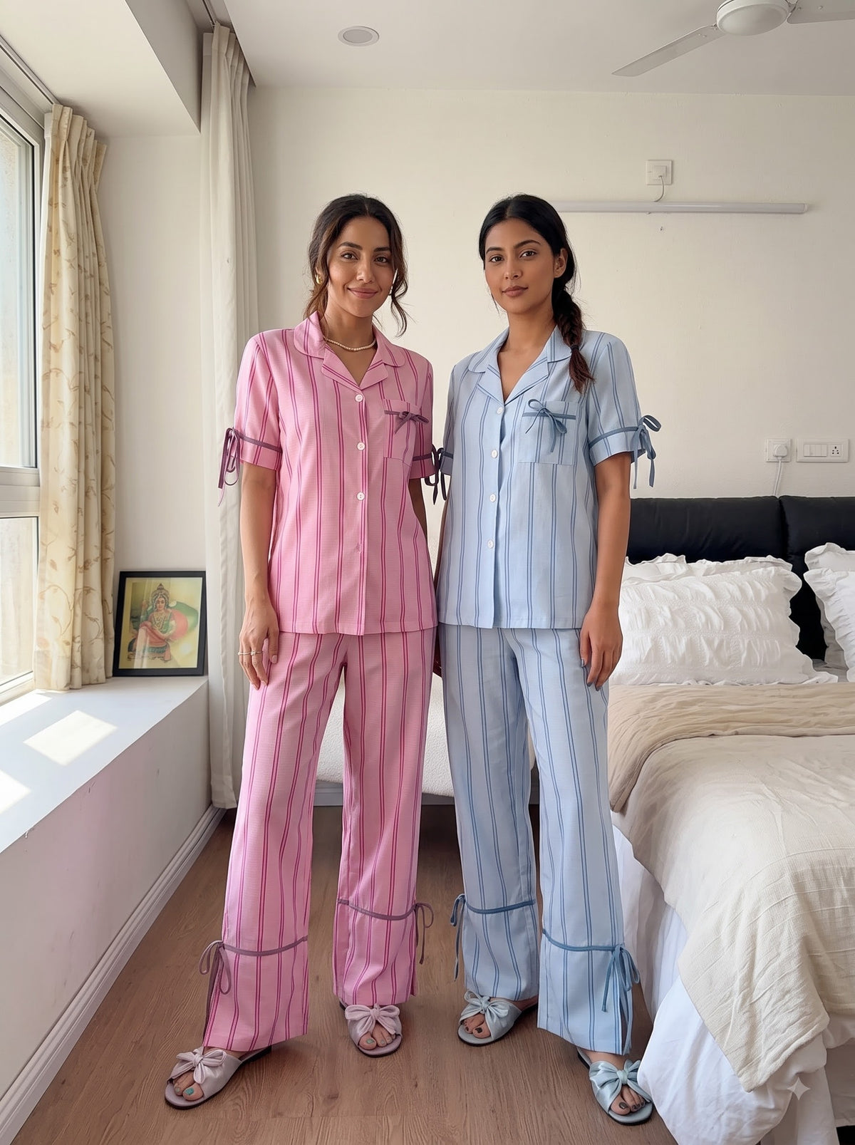 Ribbon Tie Duo – Pastel Stripe Pajama Set Combo | Pack of 2