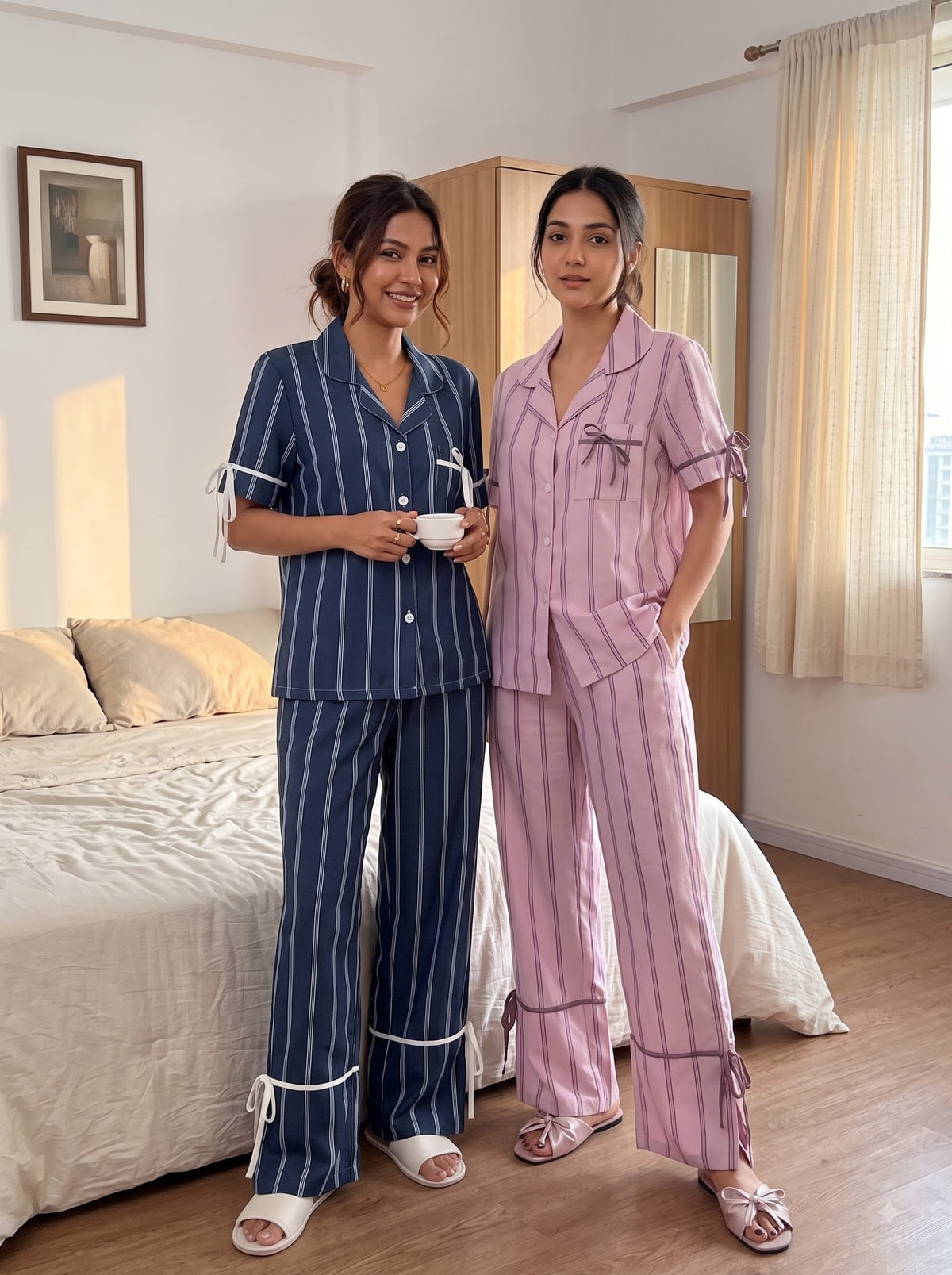 Ribbon Luxe Duo – Navy & Pink Stripe Pajama Set Combo | Pack of 2