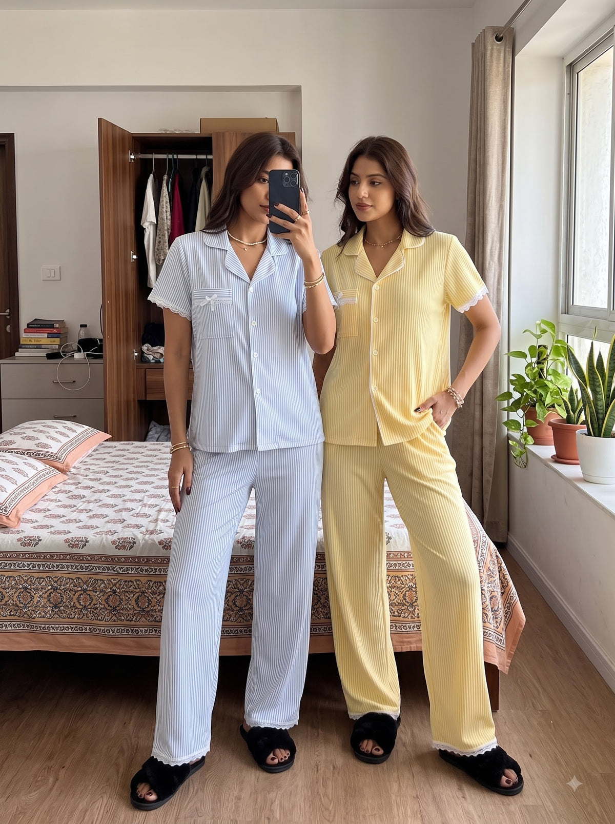 Luxe Lace Duo – Pastel Ribbed Pajama Set Combo | Pack of 2