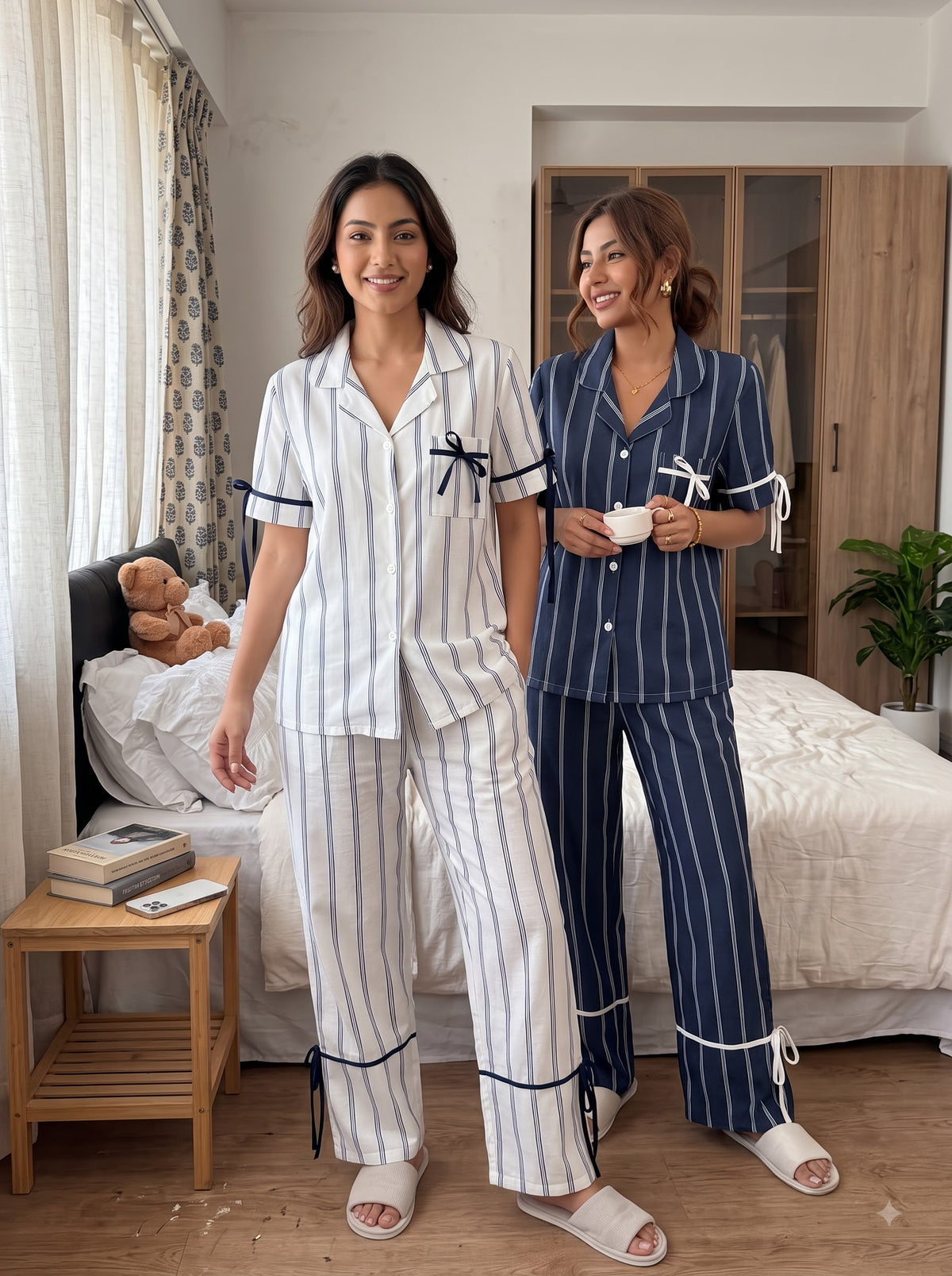Classic Ribbon Duo – Navy & White Stripe Pajama Set Combo | Pack of 2