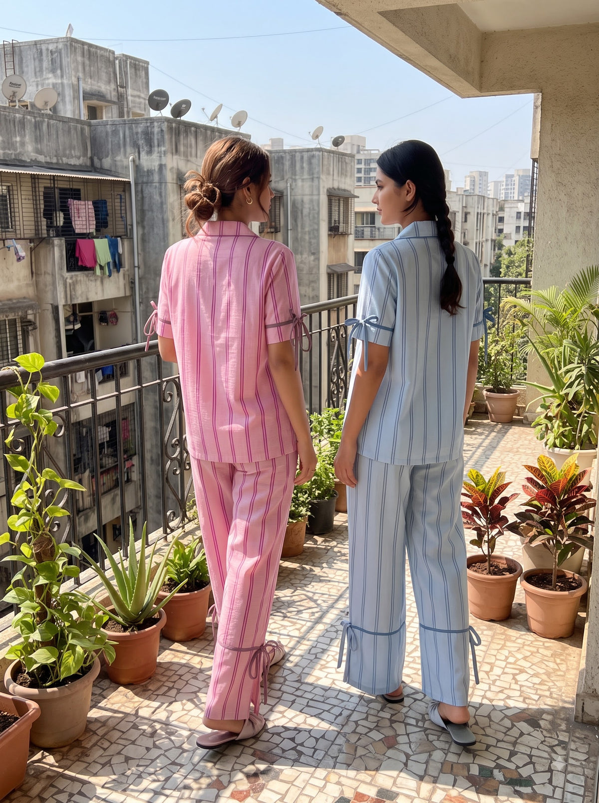 Ribbon Tie Duo – Pastel Stripe Pajama Set Combo | Pack of 2