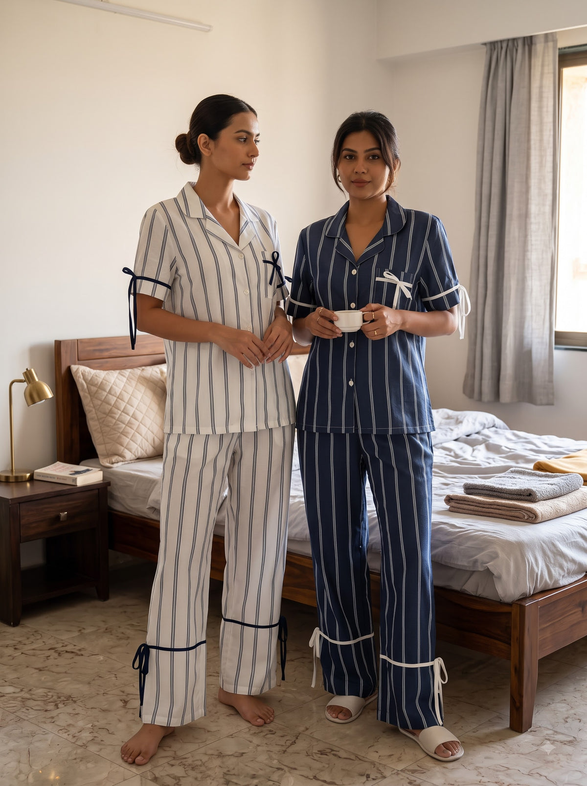 Classic Ribbon Duo – Navy & White Stripe Pajama Set Combo | Pack of 2