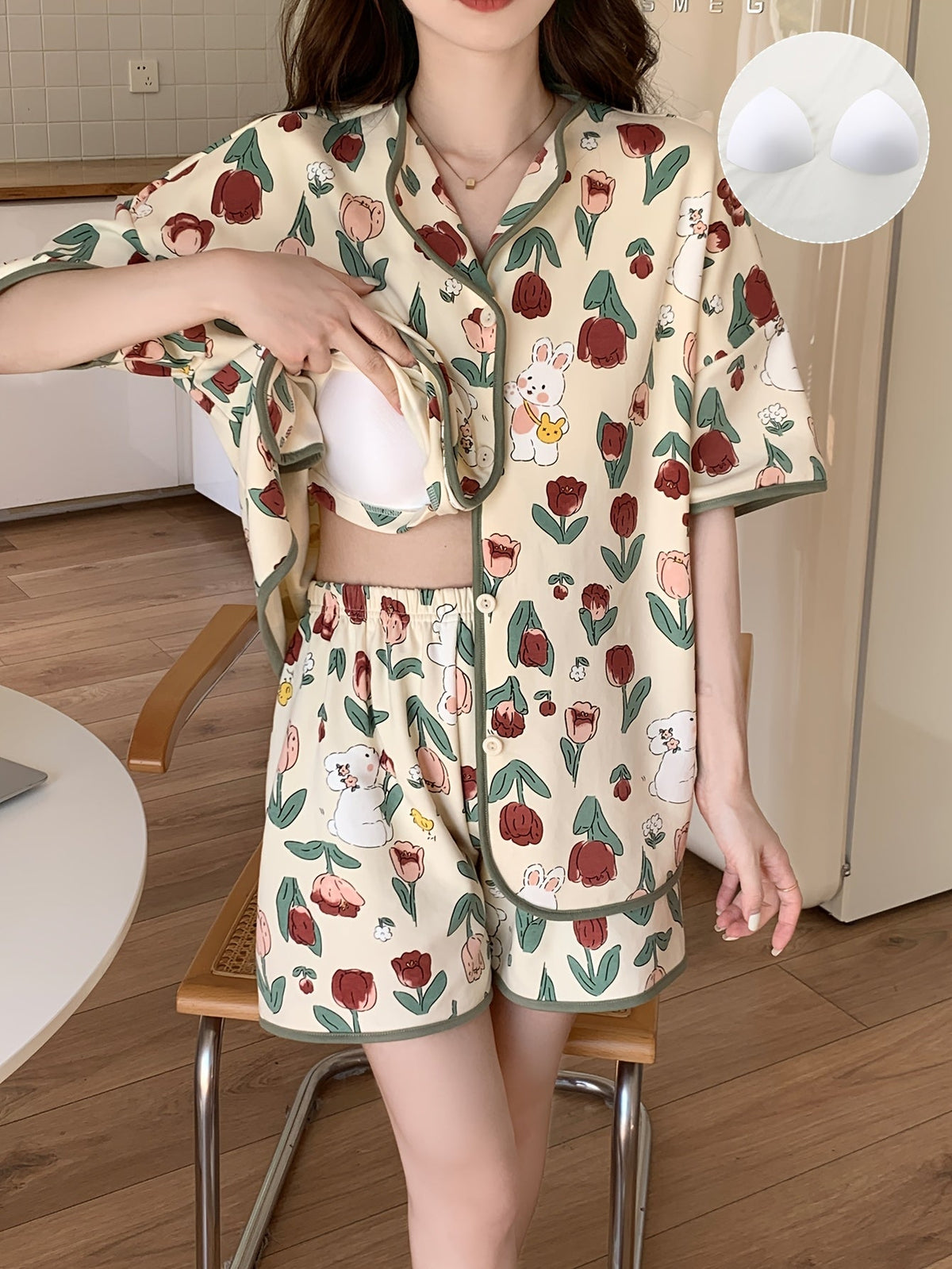 Floral Bunny Print Pajama Set