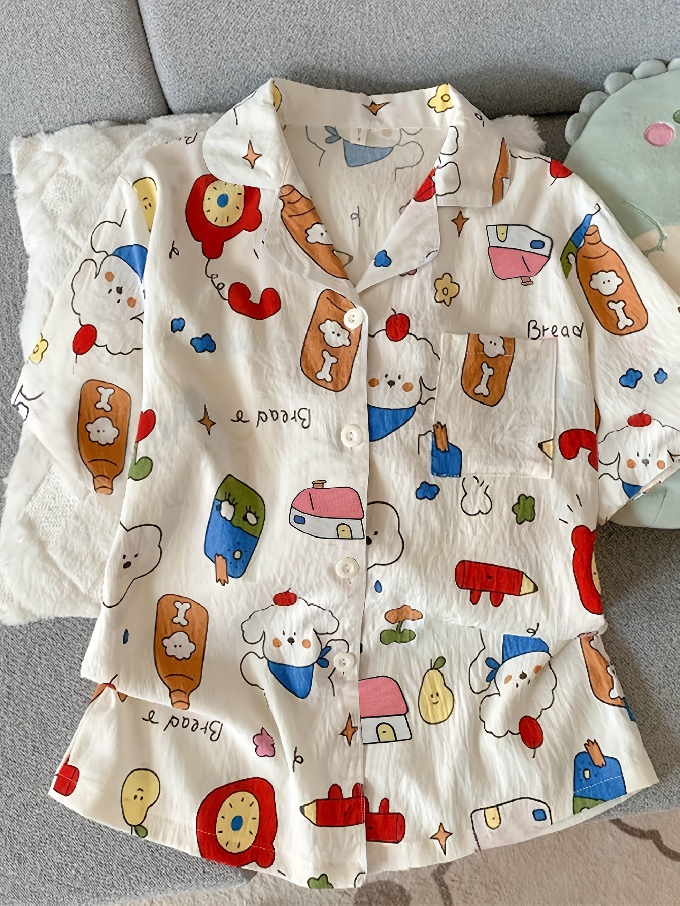 Cartoon Breakfast Print Pajama Set – Shirt & Shorts